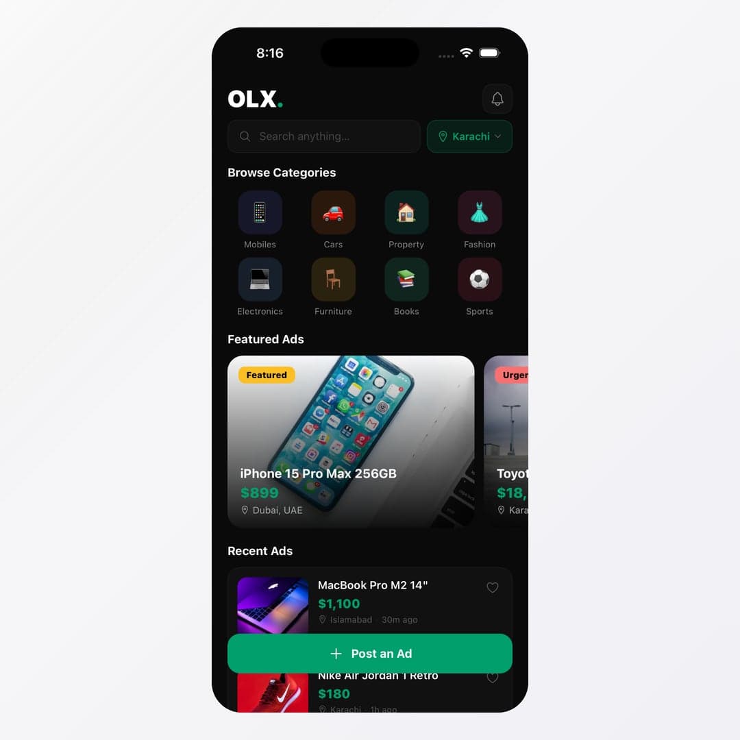 OLX Listing Home in React Native — Snap-Scroll Cards + Heart Spring