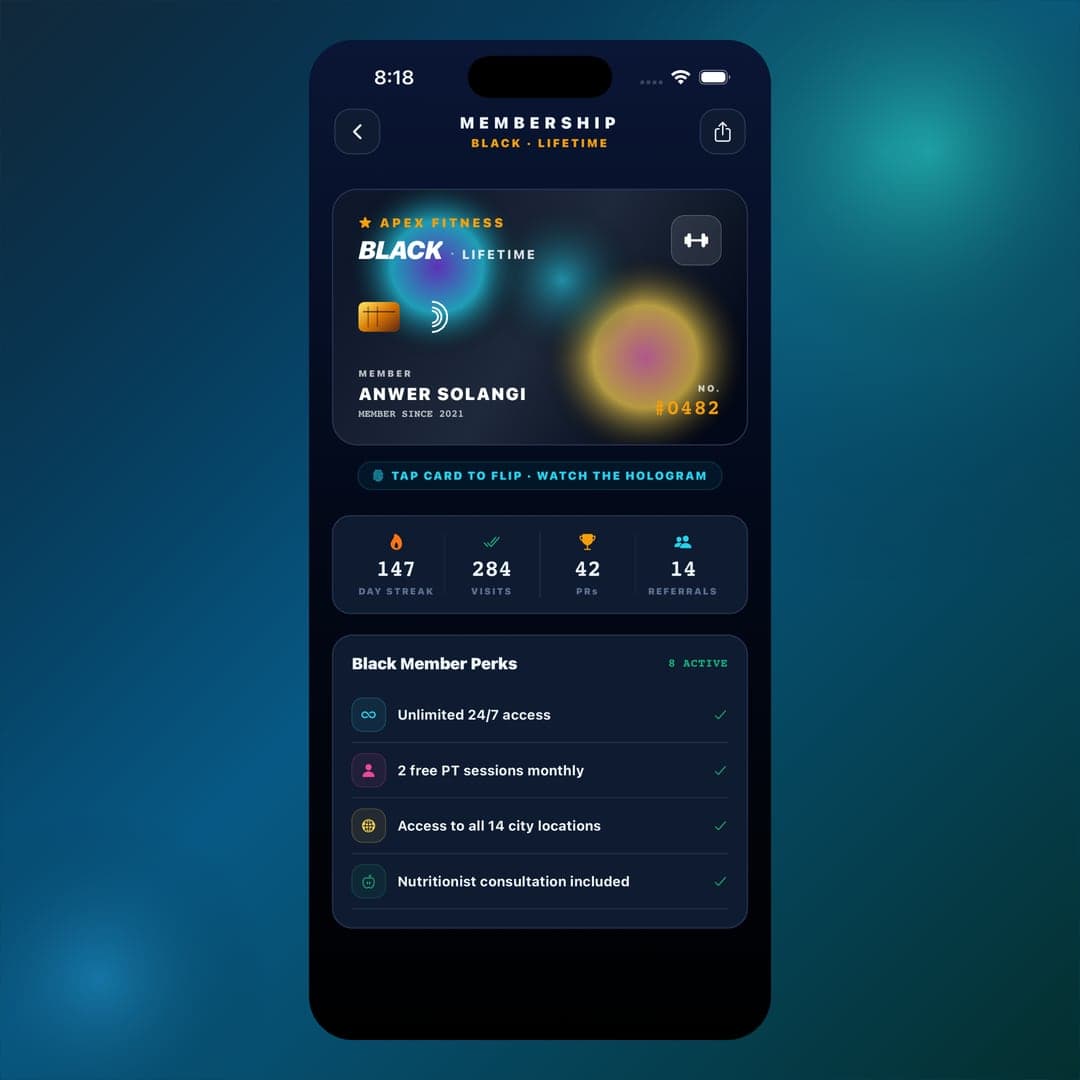 Premium Gym Membership Card in React Native Skia — Hologram Shimmer + Card Flip