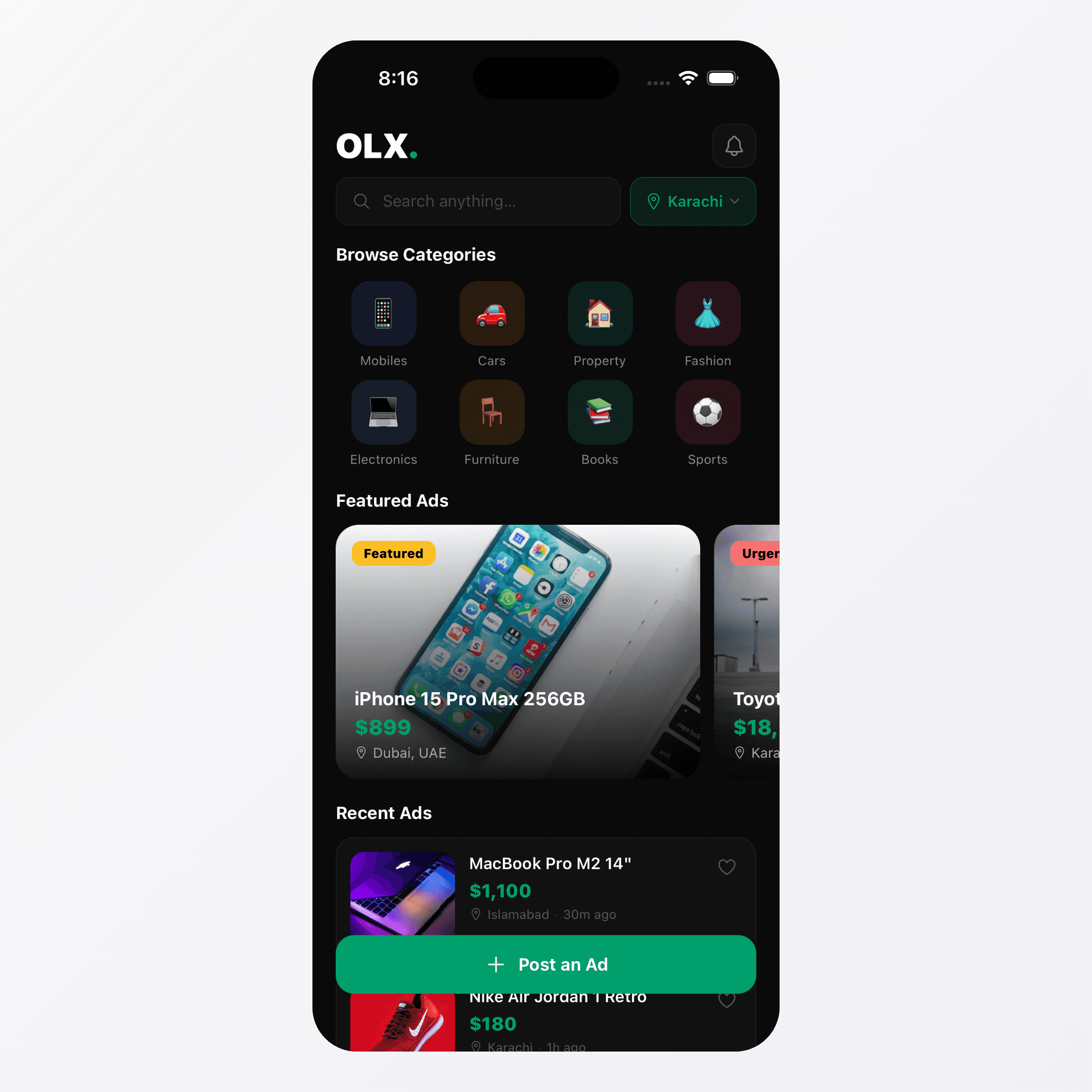 OLX Listing Home in React Native — Snap-Scroll Cards + Heart Spring