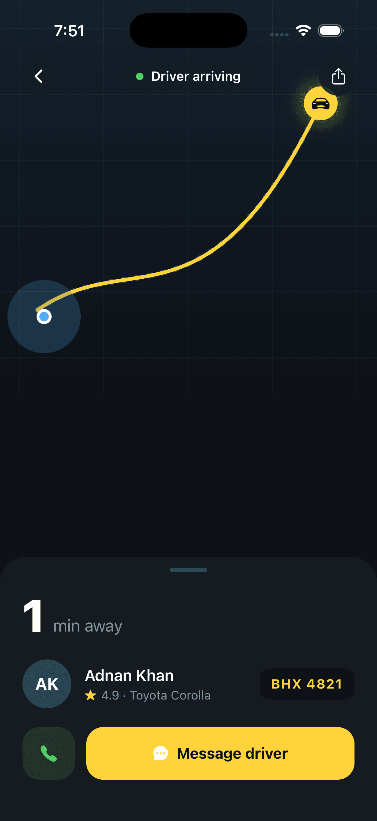 Ride-Hail Driver Arriving in React Native — The car slides the route and snaps to the pin on arrival